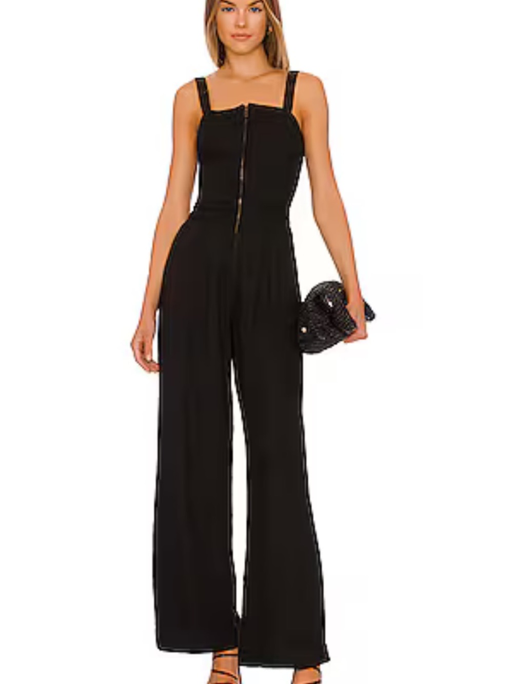 Free People Black Wide-Leg Zip-Front  Call On Me Jumpsuit with Straps